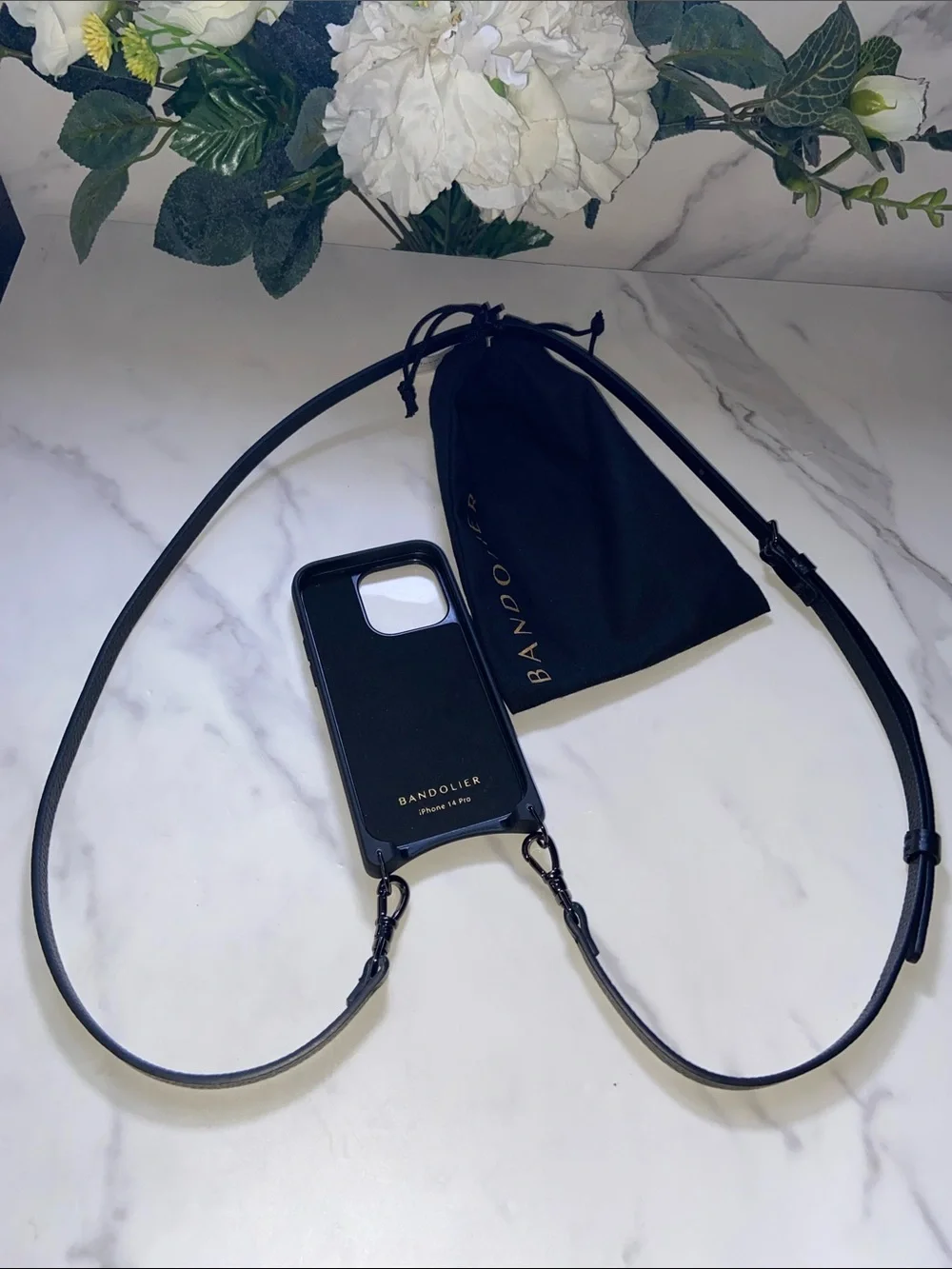 Bandolier Black Leather Crossbody Phone 14 Pro Case with Adjustable Strap